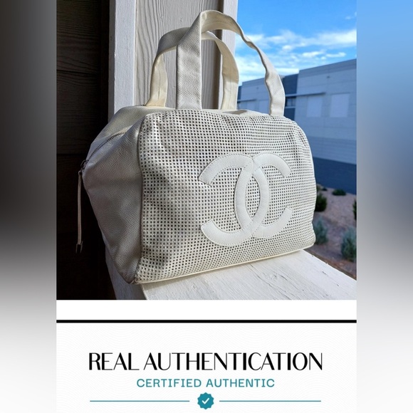 CHANEL White Caviar Leather Perforated CC Bowler Bag - Picture 1 of 10